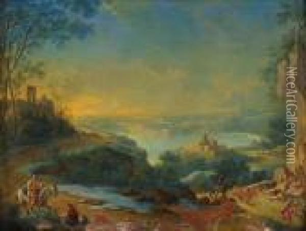 Figures In An Extensive Classical Landscape Oil Painting - Jean-Baptiste Pillement