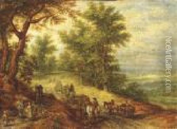 A Wooded Landscape With Travellers On A Path Oil Painting - Jan The Elder Brueghel