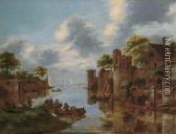 Kanallandschaft Mit Uferbefestigung. Oil Painting - Claes Molenaar (see Molenaer)