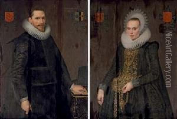 Portrait Of Adriaen De Kies Van 
Wiessen (1582-1664), Three-quarter-length, In A Black Doublet With A 
White Lace Ruff, Standing By A Table; And Portrait Of Justina Van 
Teylingen (1596-1643), Wife Of Adriaen De Kies Van Wissen, 
Three-quarter-length Oil Painting - Cornelis van der Voort
