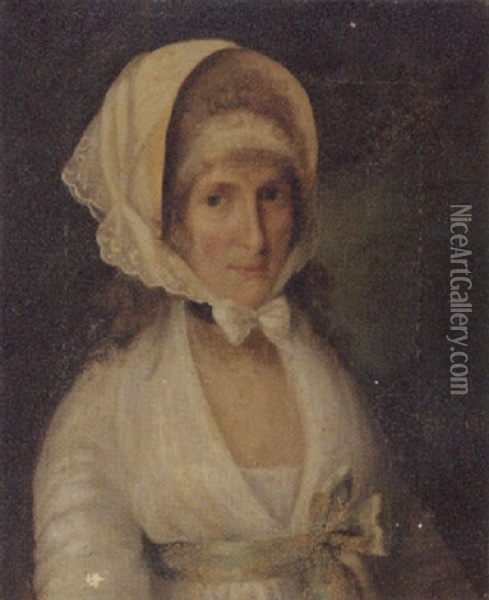 Portrait Of Mrs. James Beevor In A White Dress With A Green Sash And A White Lace Bonnet Oil Painting - John Theodore Heins Sr.