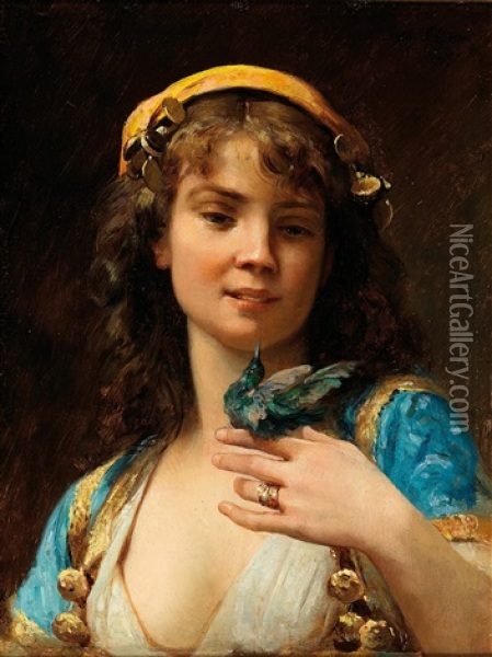 Girl With Hummingbird Oil Painting - Charles Baptiste Schreiber