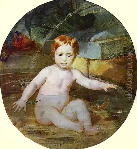 Child in a Swimming Pool Portrait of Prince A G Gagarin in Childhood Oil Painting - Jules-Elie Delaunay