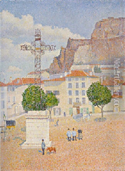 Le Puy: La Place Ensoleillee Oil Painting - Albert Dubois-Pillet