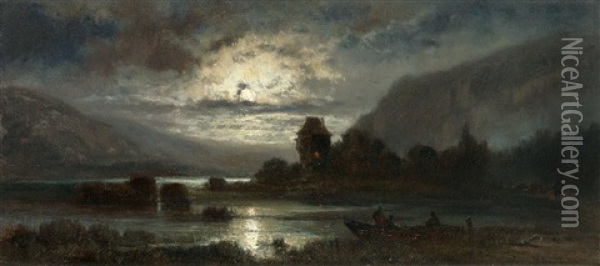 Abendliche Seenlandschaft In Den Voralpen Mit Fischerboot Und Turm Oil Painting - Joseph Hahn