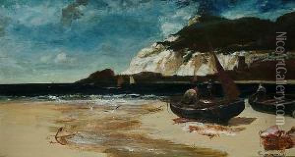 Fishermen On A Beach Oil Painting - Edwin Ellis