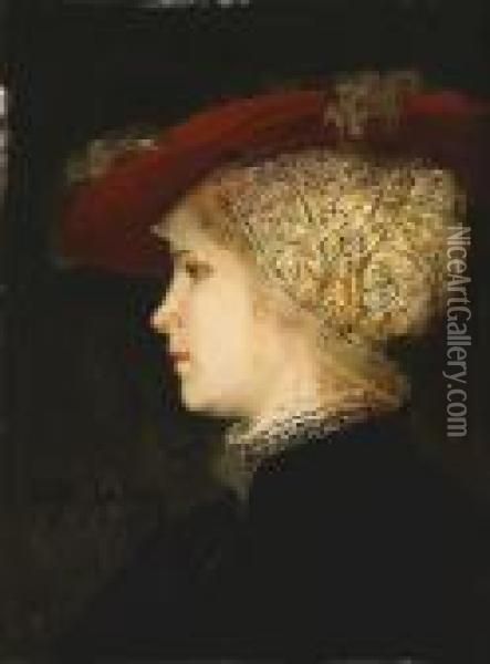 A Portrait Of A Young Woman In Profile With A Red Hat Oil Painting - Friedrich August von Kaulbach
