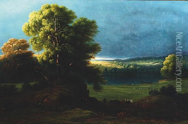 Storm Clouds Over A Lake With A Shaft Of Sunlight Catching The Hills Beyond Oil Painting - Anthony Vandyke Copley Fielding