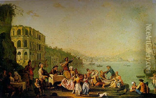 Naples, A View Of The Bay Of Naples With Mount Vesuvius In The Distance And Figures Making Music In Foreground Oil Painting - Pietro Fabris