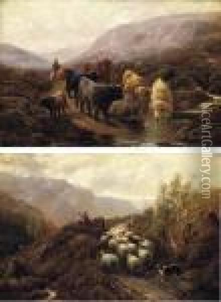 Highland Cattle; Herding Sheep Oil Painting - Robert Watson