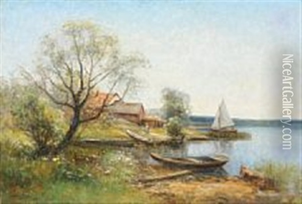 Coastal Scene With Fishing Boats Oil Painting - Johan Severin Nilsson