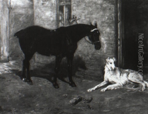 Bay Hunter And A Borzoi Outside A Stable Door Oil Painting - John Emms
