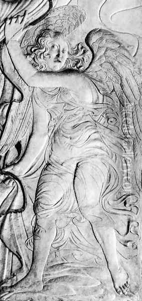 An angel drawing back a curtain Oil Painting - Agostino di Duccio