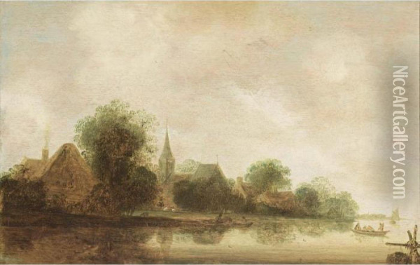 A River Landscape With Rowing Boats Near A Village And A Church Oil Painting - Wouter Knijff