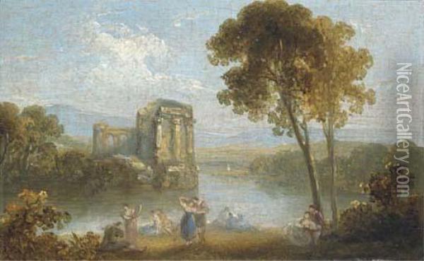 Figures Resting In An Italianate Landscape Oil Painting - Richard Wilson