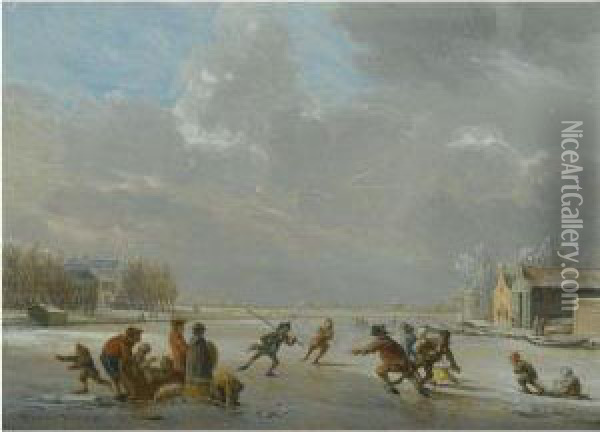 Winter Landscape With Skaters On A Frozen Lake Oil Painting - Vincent Jansz. Van Der Vinne