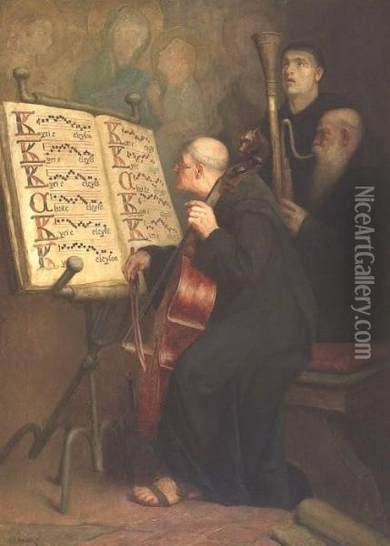 Three Monks Playing Liturgical Chant Oil Painting - Frederick Williams Davis