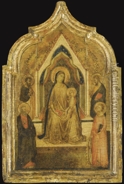 The Madonna And Child Enthroned With Saints Paul(?), Bartholomew, An Evangelist (saint Matthew?) And Catherine Of Alexandria Oil Painting - Bernardo Daddi