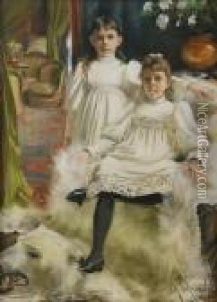 Borgerlig Interior Med Tvillingarna Alice Och Mary Oil Painting - Alf, Alfred Wallander