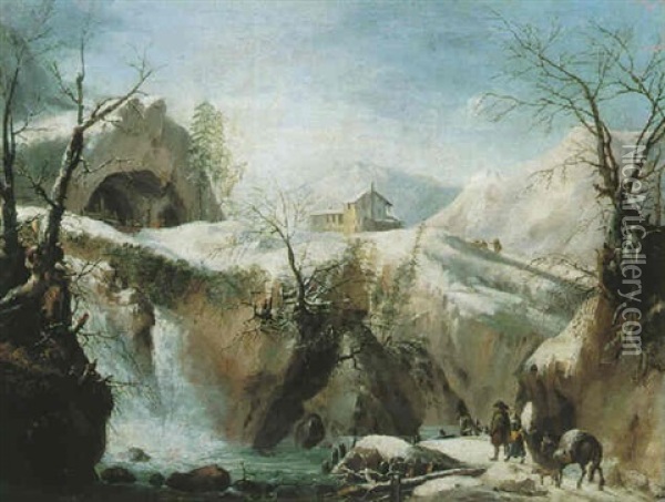 A Snowy Mountainous Winter Landscape With Travelers On A Path Beside A Waterfall Oil Painting - Jules Cesar Denis van Loo