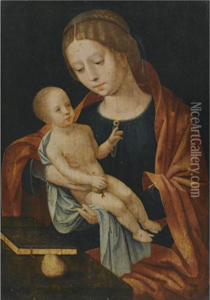Virgin And Child Seated Before A Desk Oil Painting - The Master Of The Female Half-Lengths