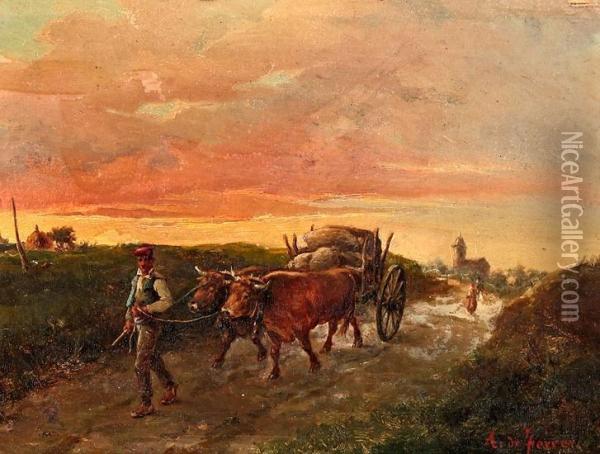 Campesino Con Bueyes Oil Painting - Antonio De Ferrer Corrios