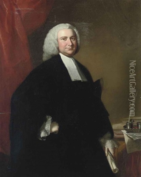 Portrait Of A Cleric, In Robes, Holding A Scroll, Standing By A Table Oil Painting - Thomas Hudson