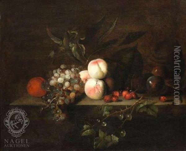 Still Lifewith Grapes And Peaches And Other Fruits On A Ledge Oil Painting - Barend or Bernardus van der Meer