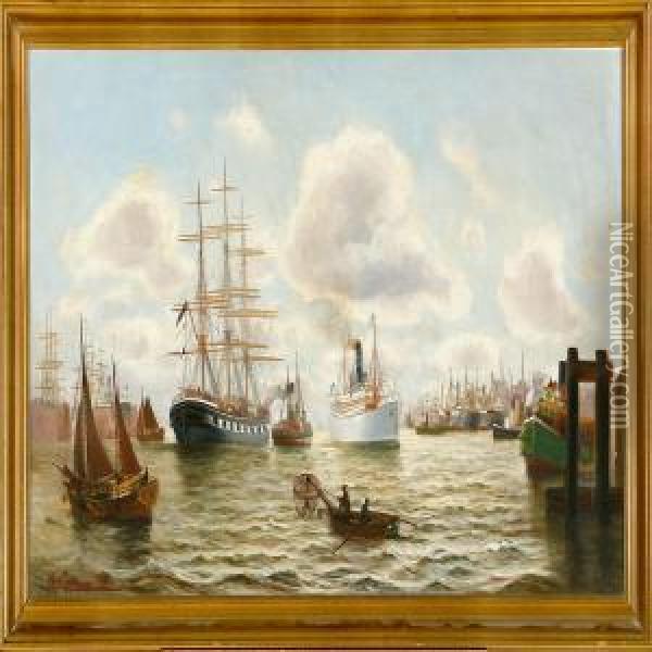 View From A Port Oil Painting - Alfred Jensen