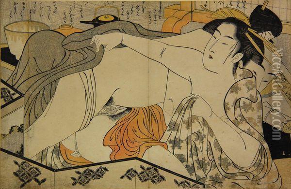 Couple Enlace Devant Un Shoji Et Chawan. Oil Painting - Kitagawa Utamaro