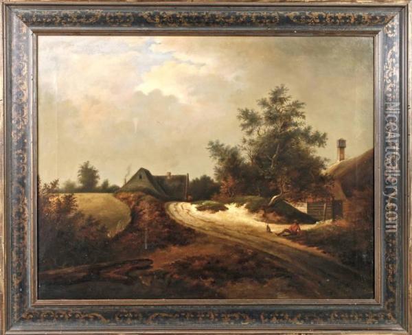 Niederlandische Landschaft Mit Rastendem Wanderer Vor Der Kulisse Eines Dorfes Oil Painting - Jacob Meijnoud Engelberts