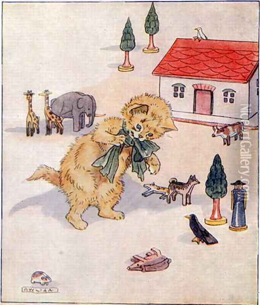 Glad Christmas Day is very near..., illustration from 'Cuddly Kitty and Busy Bunny', by Clara G. Dennis, published by Thomas Nelson and Sons, Ltd., 1926 Oil Painting - Alan Wright