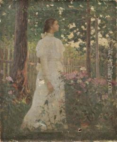 Woman In White In A Garden Oil Painting - Jacob Wagner