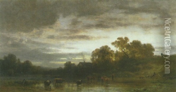 Kuhe An Der Tranke In Einem Kleinen Teich Nahe Einem Bauernhaus Oil Painting - Eduard Schleich the Elder