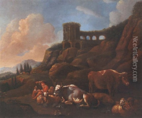 Italiensk Landskab Med Hyrde, Koer, Far Og Hund Oil Painting - Johann Heinrich Roos