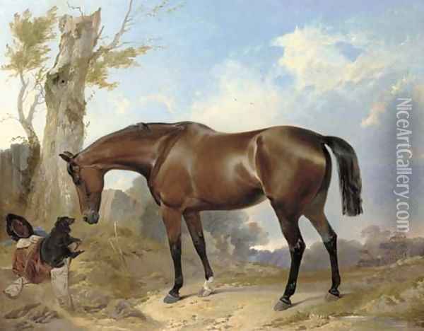 A bay hunter and dog in a landscape Oil Painting - Richard Ansdell