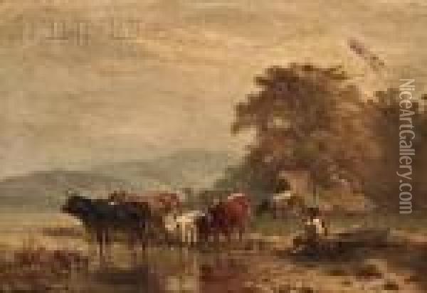 View Of A Figure With Cattle At A Pond Oil Painting - Albert Jurardus van Prooijen