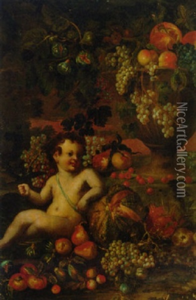 A Putto Amongst Fruit In A Landscape, With Fruit In An Urn Beyond Oil Painting - Abraham Brueghel