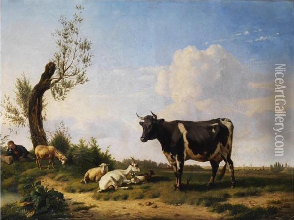 Landschaft Mit Kuh, Ziegen, Schafen Und Schlafendem Schafer Oil Painting - Pierre Emmanuel I Dielman