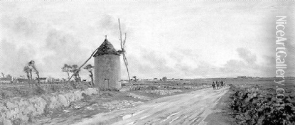 A Windmill In An Extensive Landscape Oil Painting - Andre Eugene Dauchez