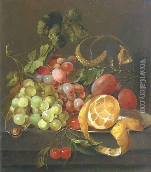 A partly peeled orange on a pewter platter with grapes, plums, cherries and a snail, on a stone ledge Oil Painting - Jan Davidsz. De Heem