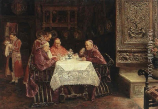 Drei Kardinale Bei Festlichem Mahl Oil Painting - Jose Gallegos Y Arnosa