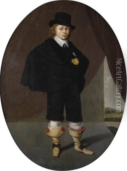 Portrait Of A Gentleman, Full Length, Wearing A Black Cape, Black Trousers And A Black Hat, A Landscape Beyond Oil Painting - Herman Mijnerts Doncker