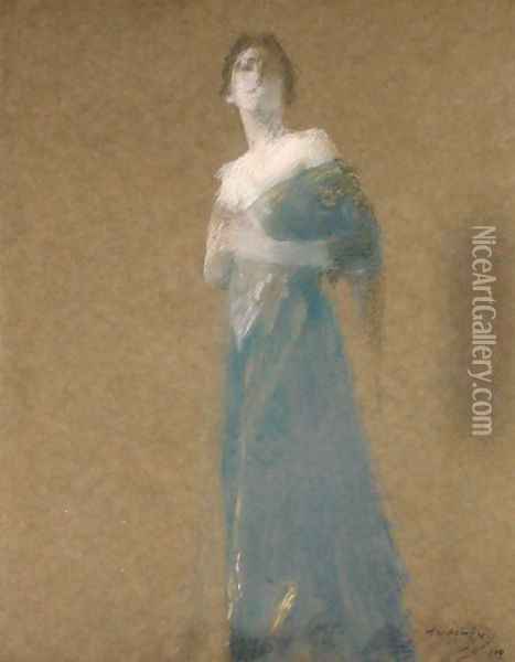 Woman in Blue, 1919 Oil Painting - Thomas Wilmer Dewing