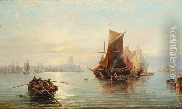 A Continental Port At Sunset With Shippingmoored In The Foreground Oil Painting - Edwin Hayes