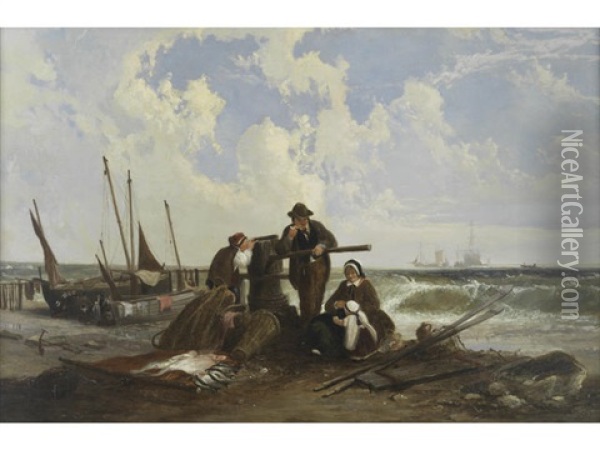 Fisherfolk On The Shore Oil Painting - William Collins