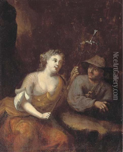 Lady As A Shepherdess With A Peasant In A Rocky Gorge Oil Painting - Jacob van Loo