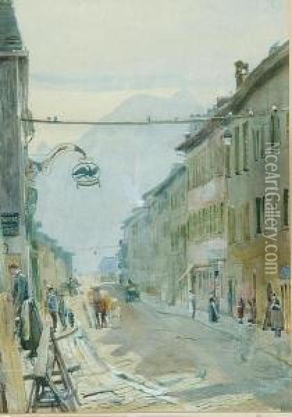 A Continental Street Scene With Figures, Probably Switzerland Or Northern Italy Oil Painting - John William Inchbold