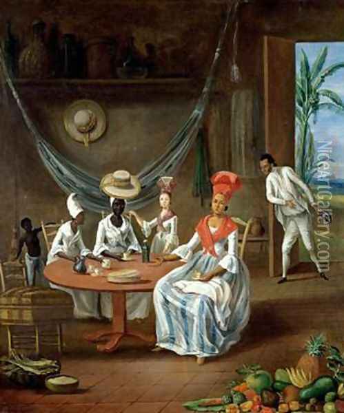 A Mulatto Woman with her White Daughter Visited by Negro Women in their House in Martinique Oil Painting - Le Masurier