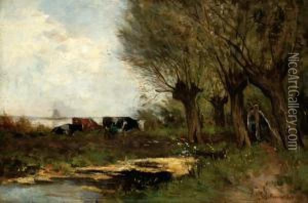 A Farmer Milking A Cow By A Ditch Oil Painting - Gerardus Johannes Roermeester